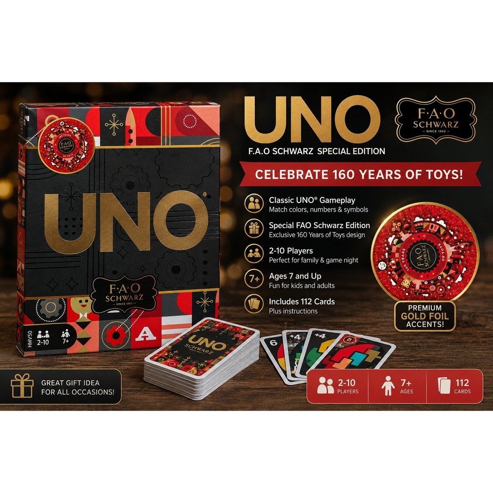 Uno FAO Schwarz 160 Years Anniversary Edition Card Game HMY50 Mattel Gold Foil